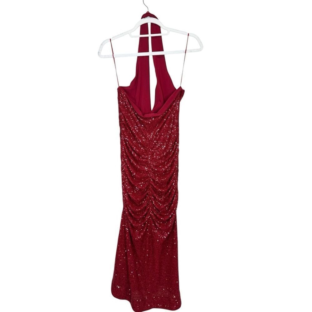 NEW Susana Monaco Red Sequin Halter Ruched Stretch Midi Dress Size Medium - Picture 5 of 10